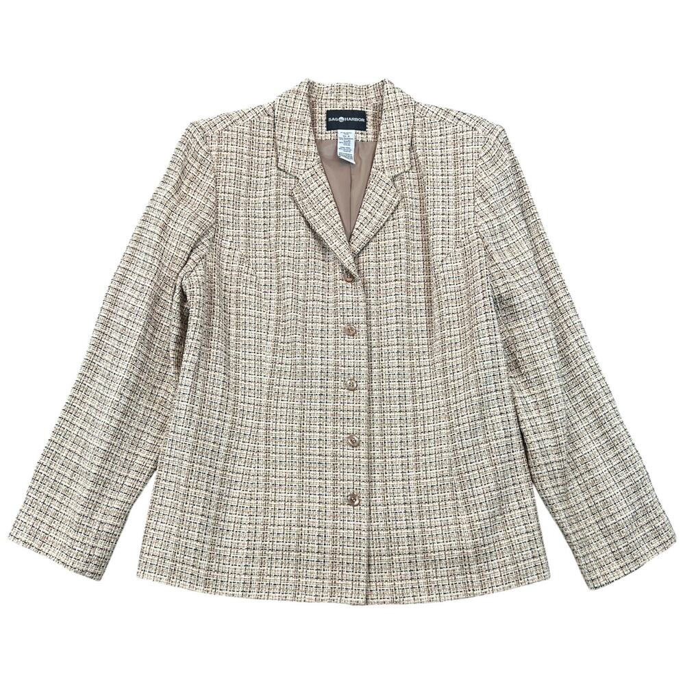 NWT Y2K Sag Harbor Tweed Blazer Jacket Beige Black Size 16 Style S43161